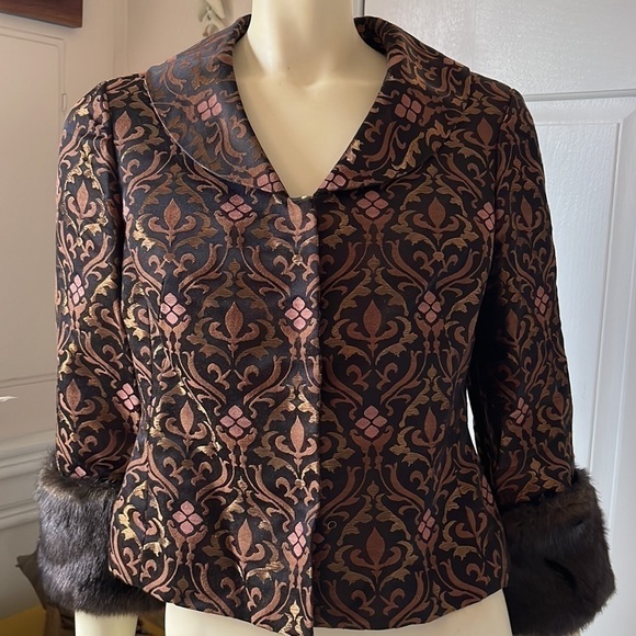VTG nine west brown & rose gold 90’S brocade jacket removable faux fur trim 4 - Picture 9 of 15